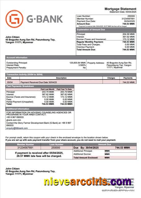Myanmar Glory Farmer Development Bank (G Bank) mortgage statement Word and PDF template